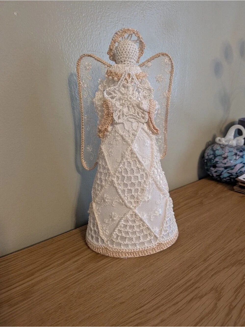 White and Gold Lace Angel Tree Topper - Decorative Holiday Accent